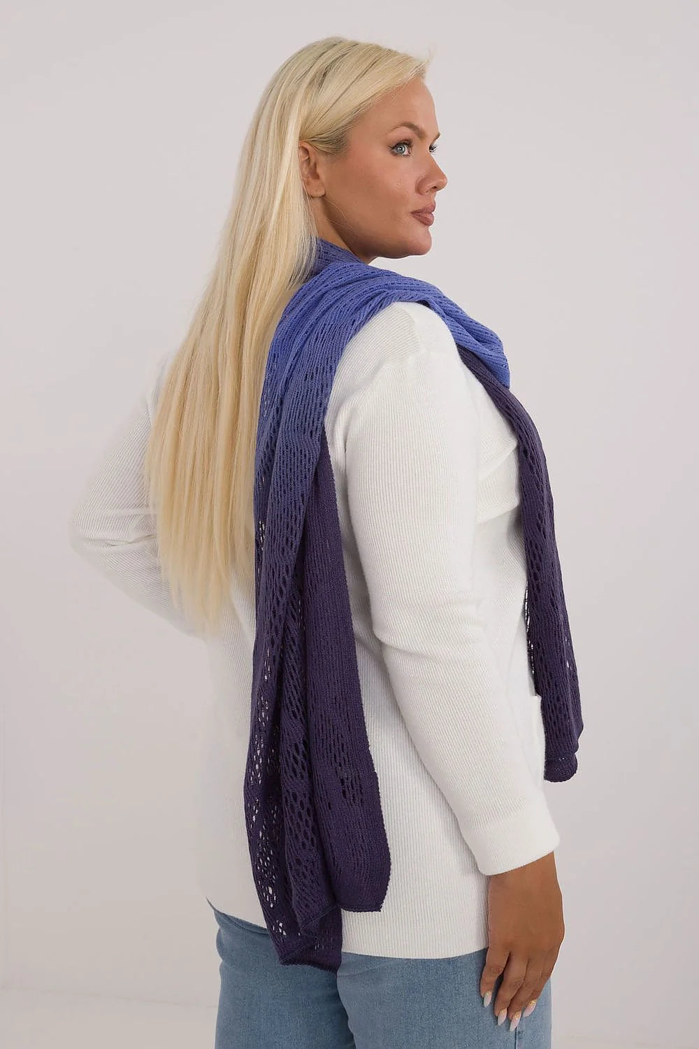 Écharpe ajourée à double couche en coton et laine, violet et bleu, style moderne et élégant pour femme