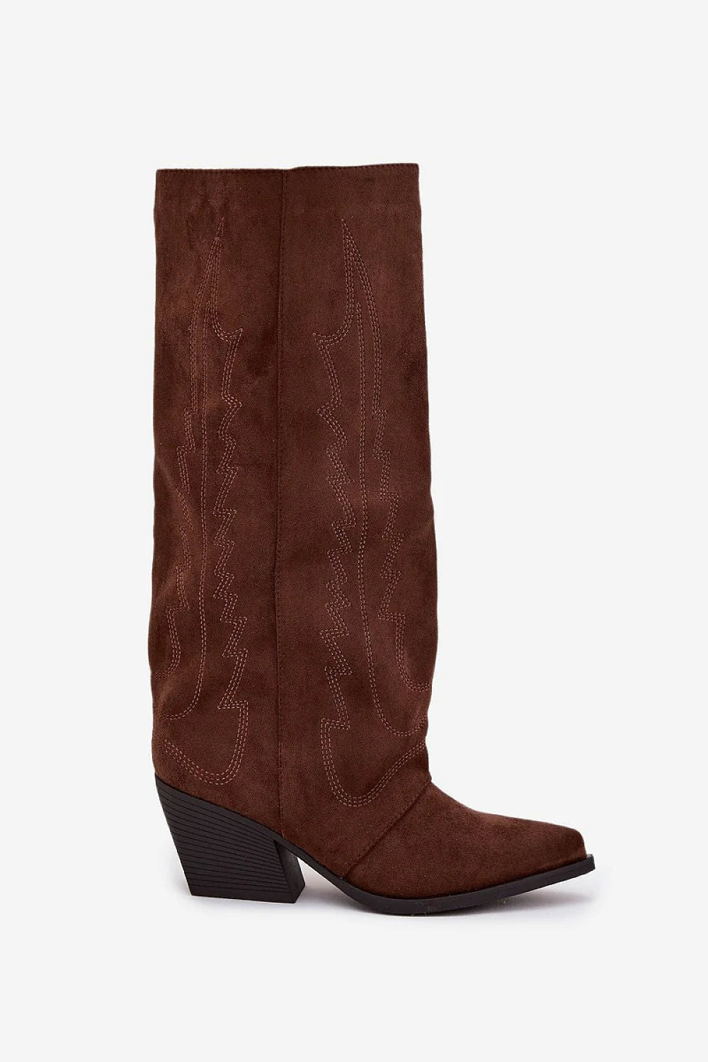 bottes cowboy femme suédine écologique marron foncé tige haute 36cm talon bloc biseauté moyen bout pointu