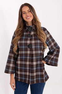 manteau femme carreaux marron bleu coupe trapèze hanches col montant manches troisquarts boutons noirs poches lainage doux automnal