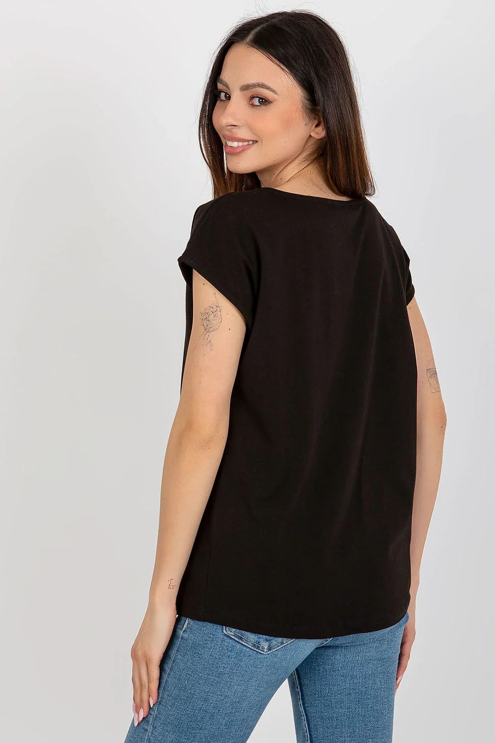 tshirt femme décontracté manches courtes col rond coton élasthanne noir broderie appliqué sequins miroirs mosaïque ajustée confortable chic