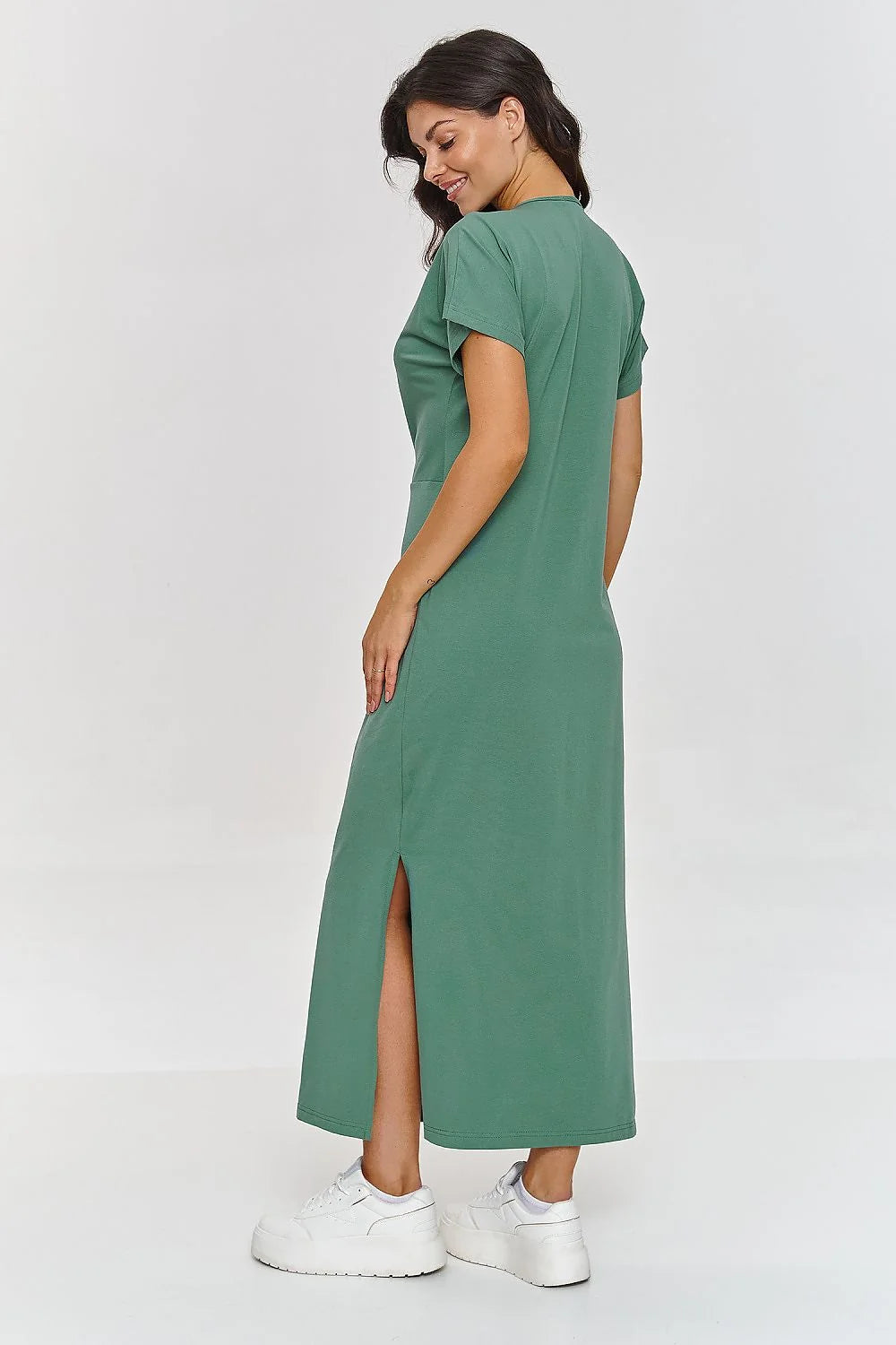 Robe de jour Makadamia longue manches courtes nœud à la taille fente latérale vert doux femme