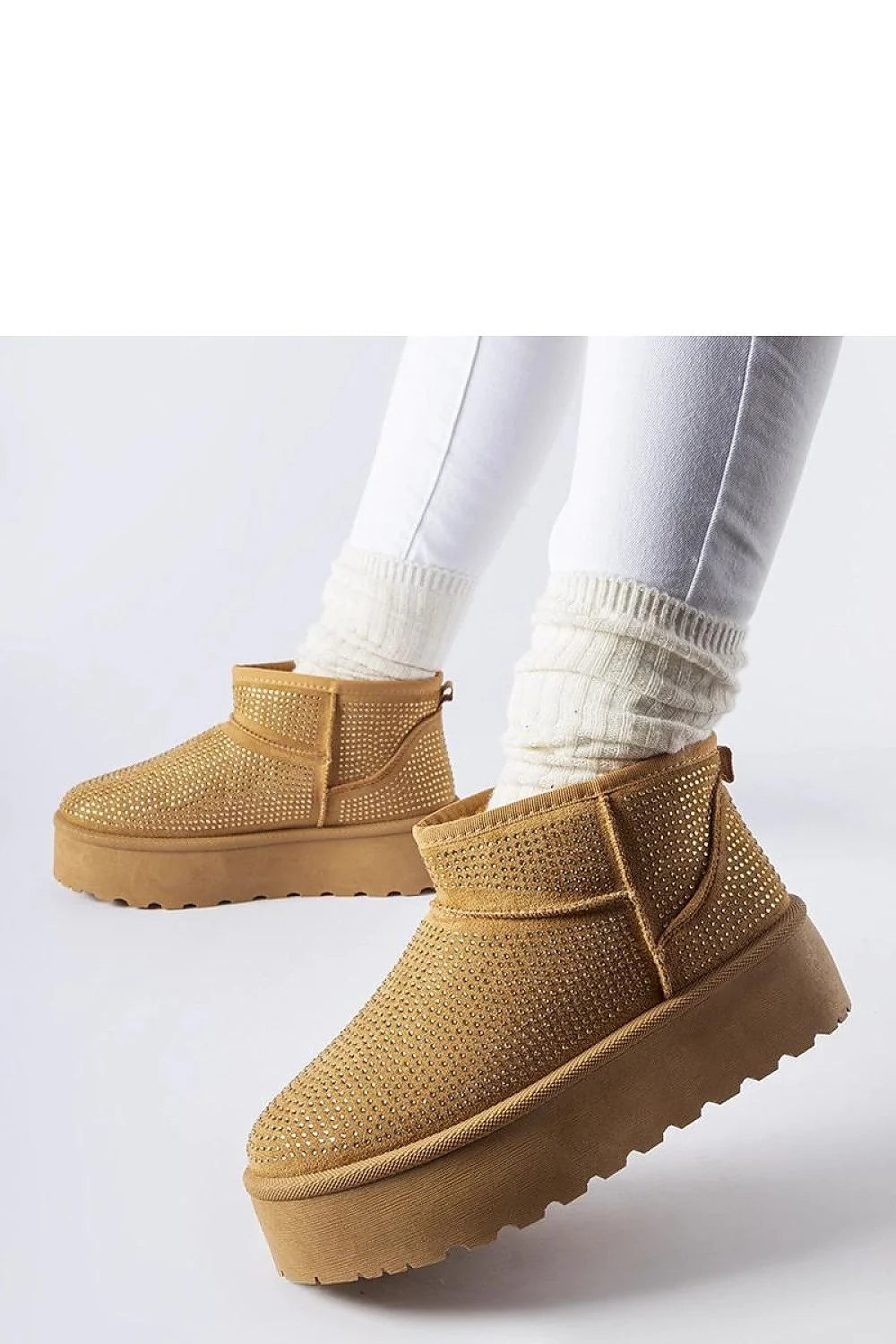 bottines femme courtes suédine effet daim camel microstrass scintillants plateforme épaisse crantée bout rond doublure chaude