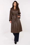 manteau similicuir femme marron chocolat mi long coupe droite col tailleur double boutonnage ceinture nouée poches latérales