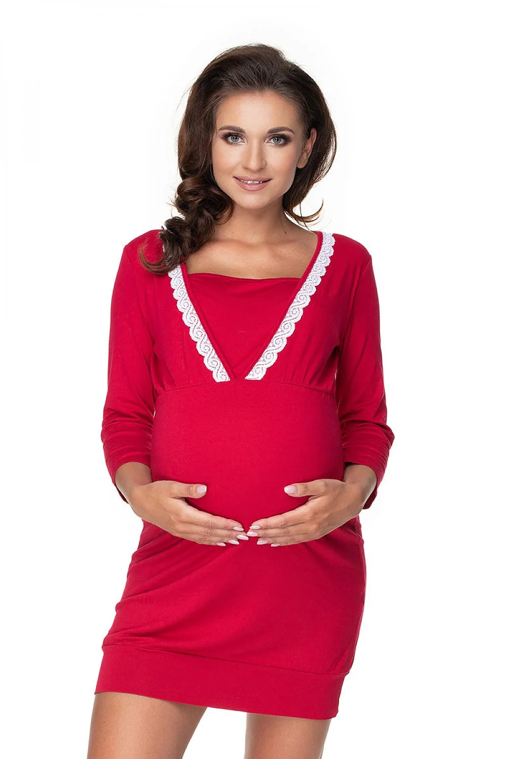 robe maternité rouge dentelle blanche taille empire cintrée manches troisquarts courte allaitement jersey extensible doux viscose élasthanne respirante sophistiquée élégante