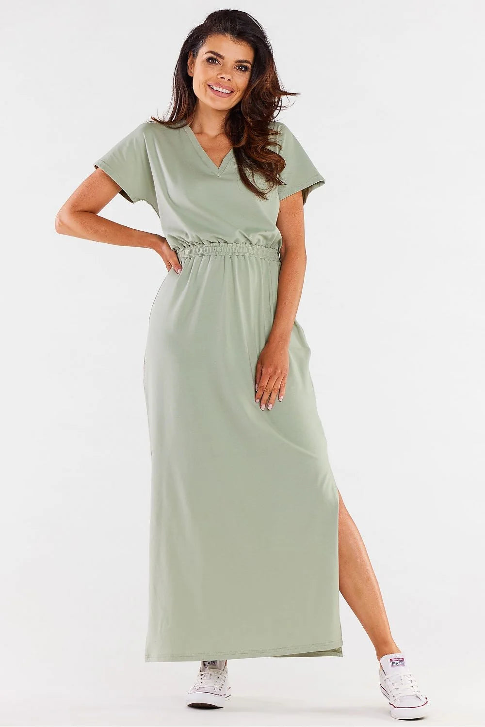 Robe de jour Infinite You longue manches courtes décolleté en V vert clair coton spandex taille ajustable femme