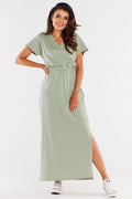 Robe de jour Infinite You longue manches courtes décolleté en V vert clair coton spandex taille ajustable femme