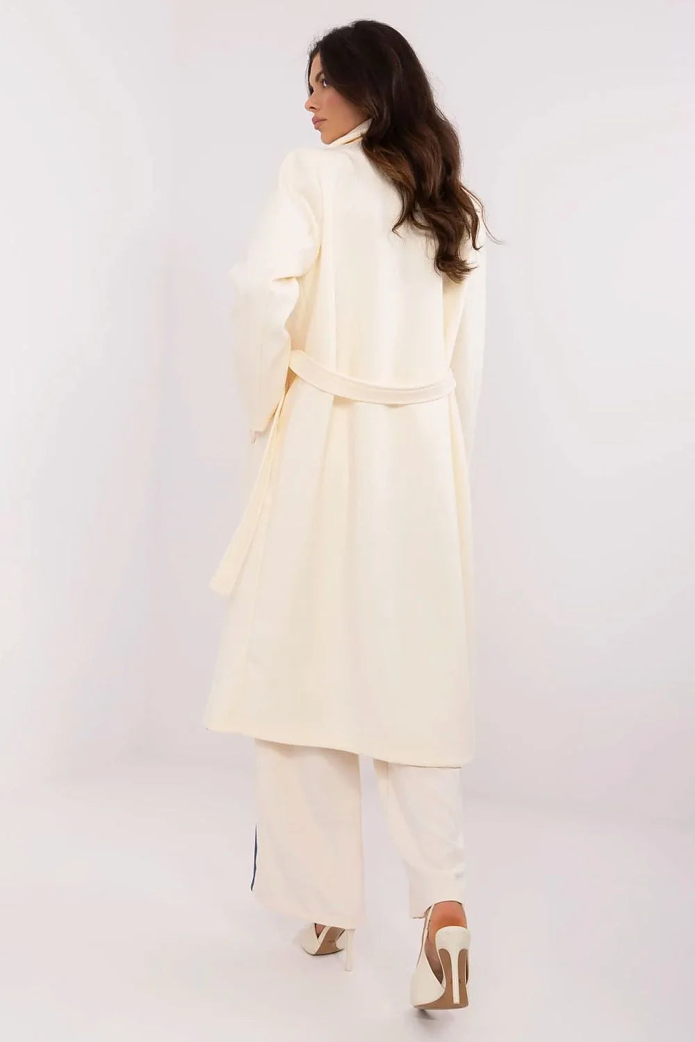 Manteau élégant pour femme long à col revers crème boutons poches manches longues Italy Moda