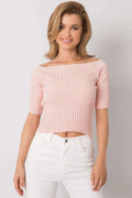 Chemisier femme rose pâle côtelé manches mi-longues encolure bateau coupe ample ajustée 100% acrylique