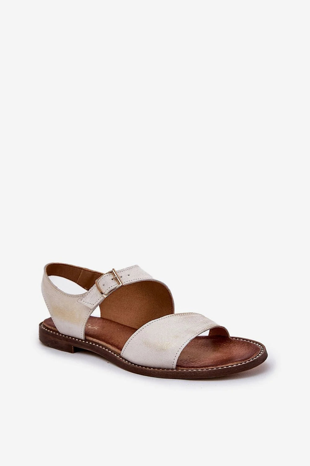 sandales femmes élégantes ouvertes cuir naturel beige irisé patinée minimaliste métallisé bride large ajustables boucle dorée chaîne cheville semelle plate