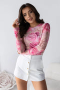 Chemisier La Balancia en tulle à manches longues floral rose et jupe blanche taille haute femme