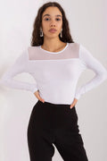 Chemisier BFG visage moderne élégant ajusté manches longues encolure ronde tissu jersey maille transparente blanc femmes
