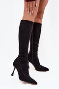 bottes femme suédine douce noire talon aiguille sculpté tige ajustée genou microstrass scintillant bout pointu fermeture éclair soirée élégante