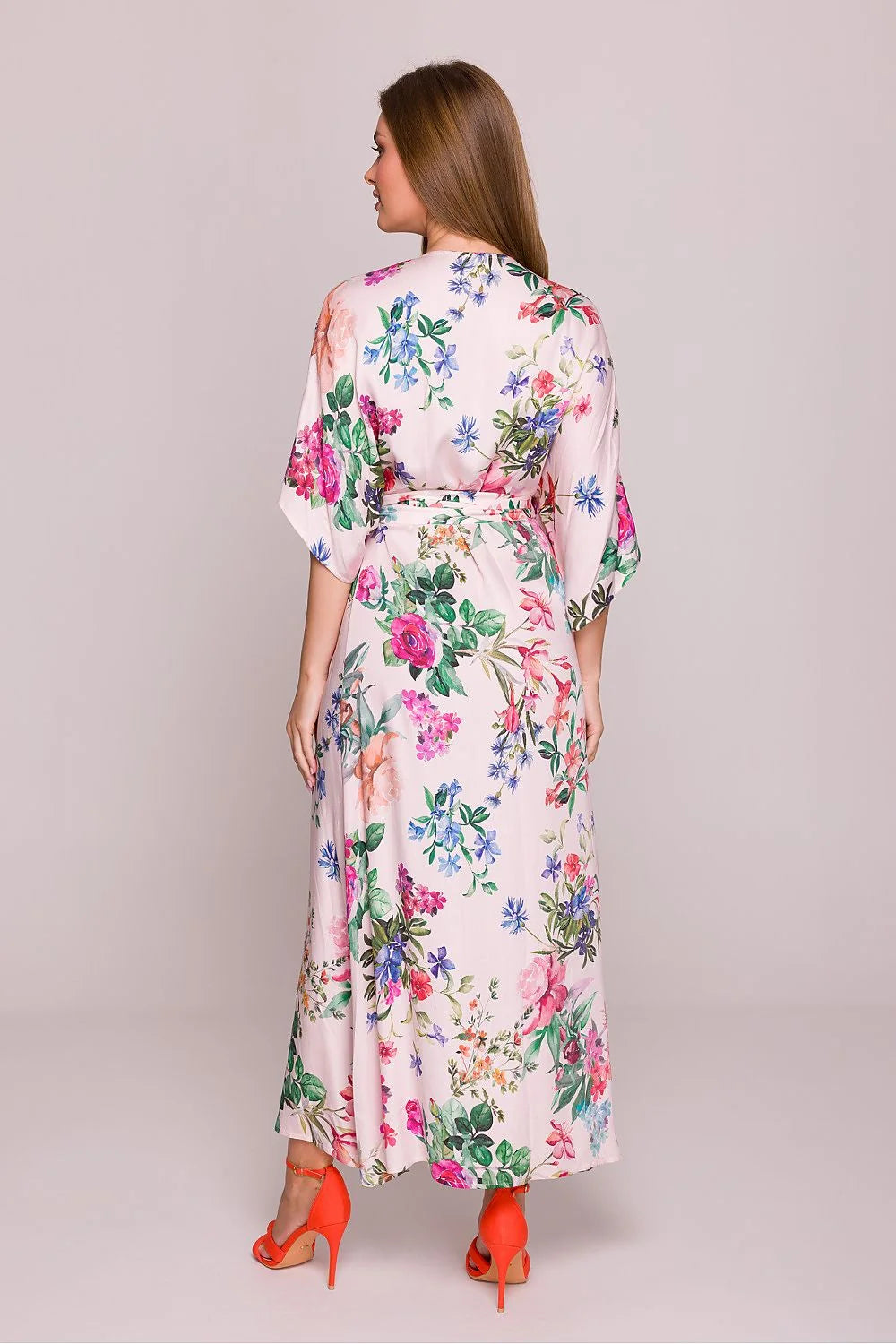 Robe de jour classique longue à manches courtes en soie motif floral V-neck légers femme été