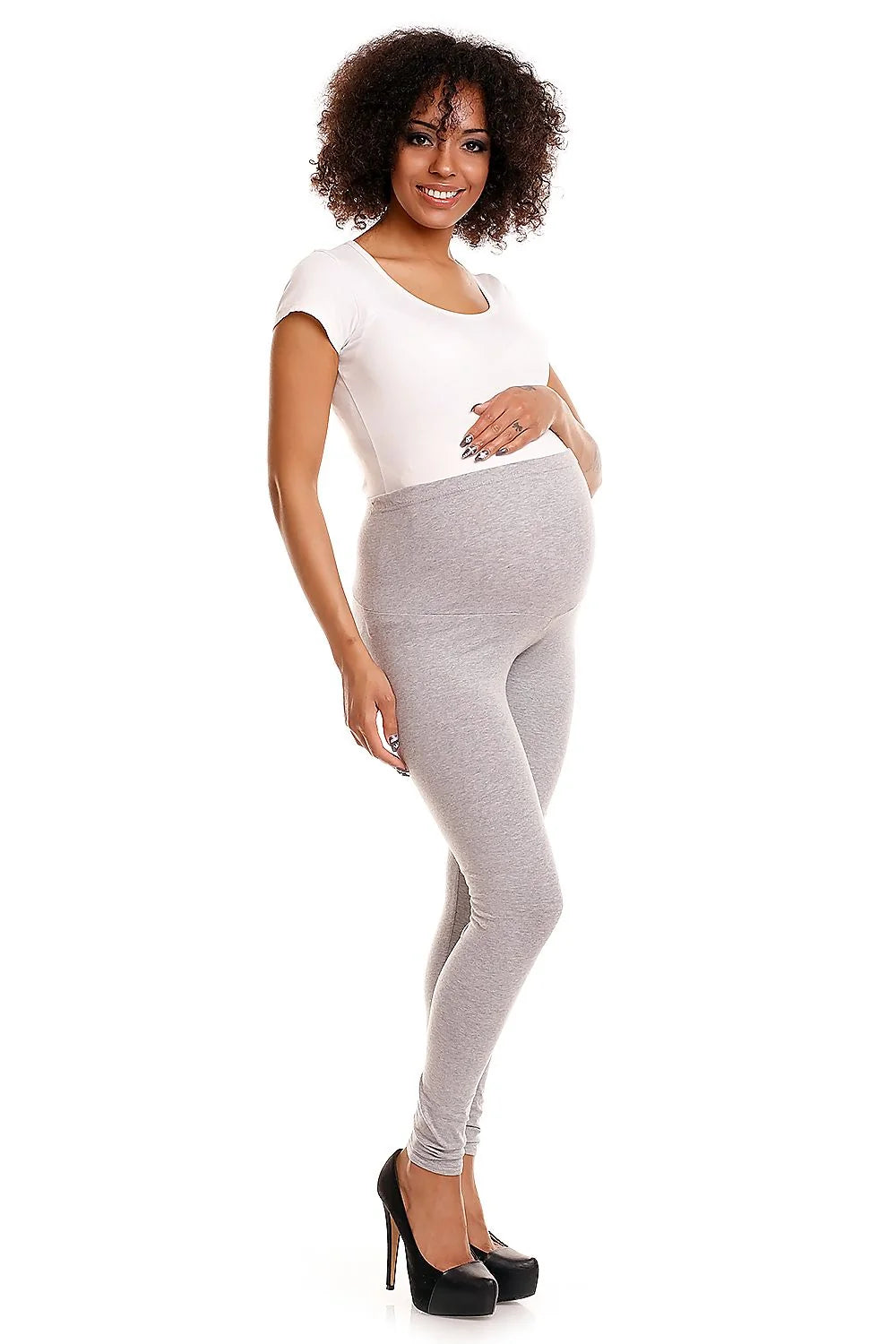 legging maternité grossesse slim ajusté taille haute large panneau ventre extensible jersey stretch doux maintien confort gris chiné