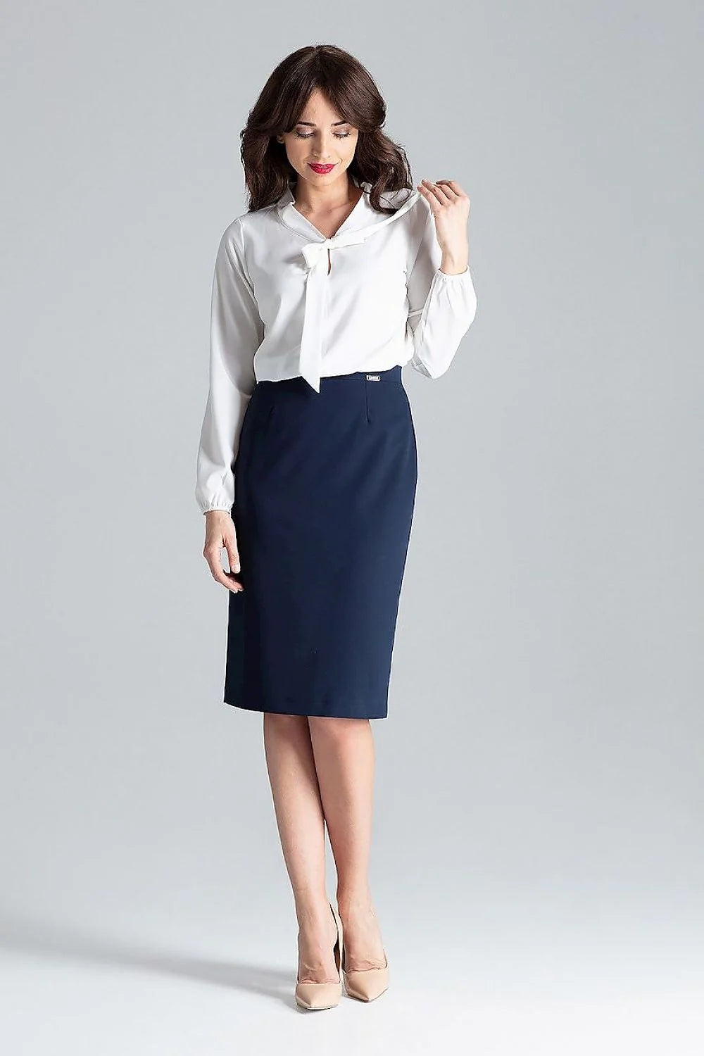 Chemisier Lenitif élégant manches longues nœud neckline robe blazer longueur totale taille ajustable Polyester Elasthanne femmes