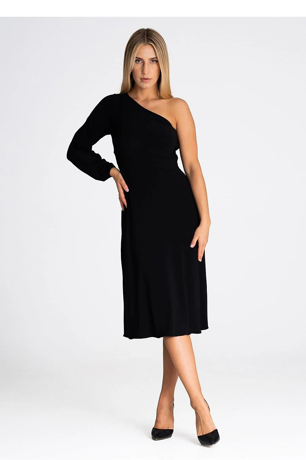 robe cocktail midi asymétrique monoépaule manche longue bouffante resserrée poignet taille cintrée jersey stretch mat fluide fendue noire élégante sophistiquée