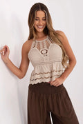 Top féminin en crochet boho-chic coton élasthanne beige clair couture artisanale sans manches