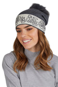 Bonnet Kamea élégant pour femme en laine et acrylique pompon fourrure motifs floraux gris foncé et clair