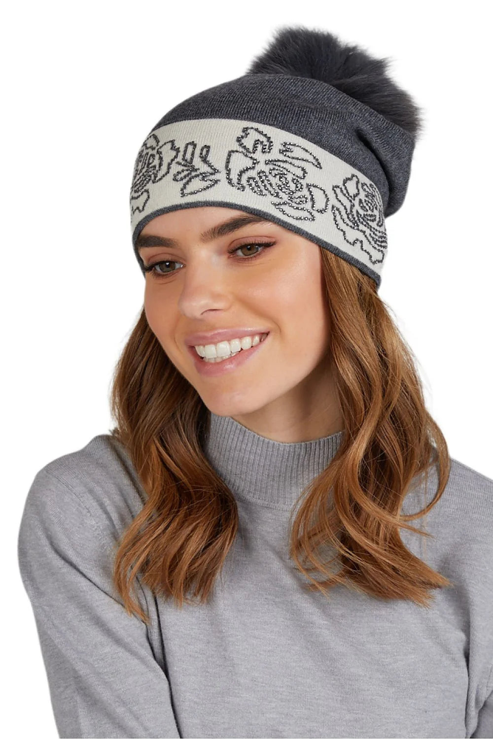 Bonnet Kamea élégant pour femme en laine et acrylique pompon fourrure motifs floraux gris foncé et clair