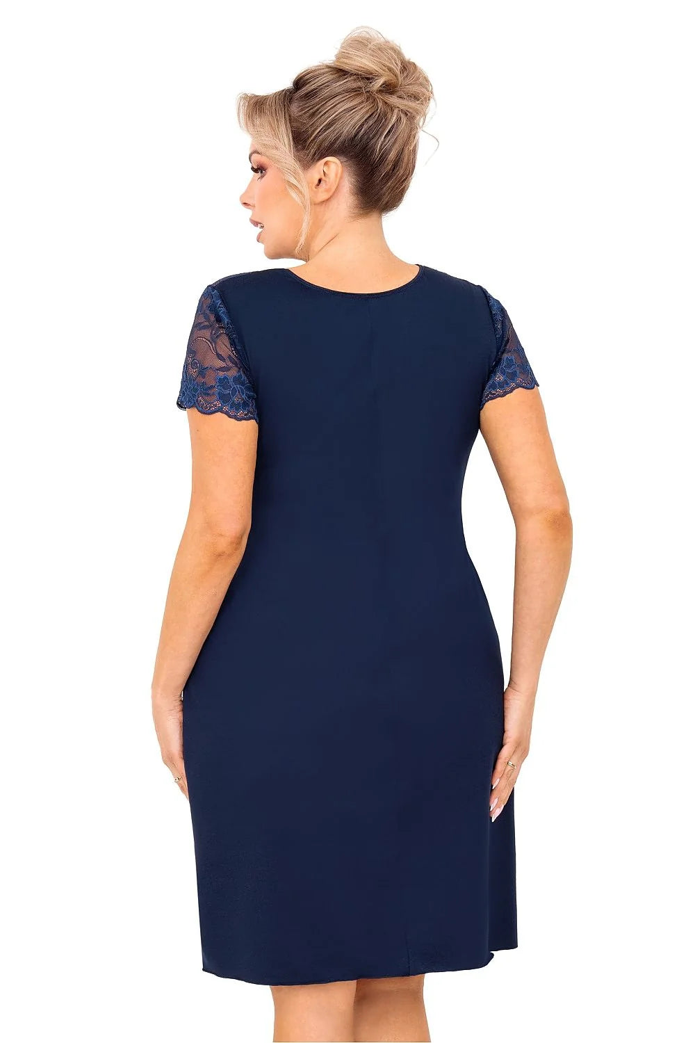 Chemise de nuit plus size Donna taille ajustable dentelle manches courtes bleu marine Empire coupé
