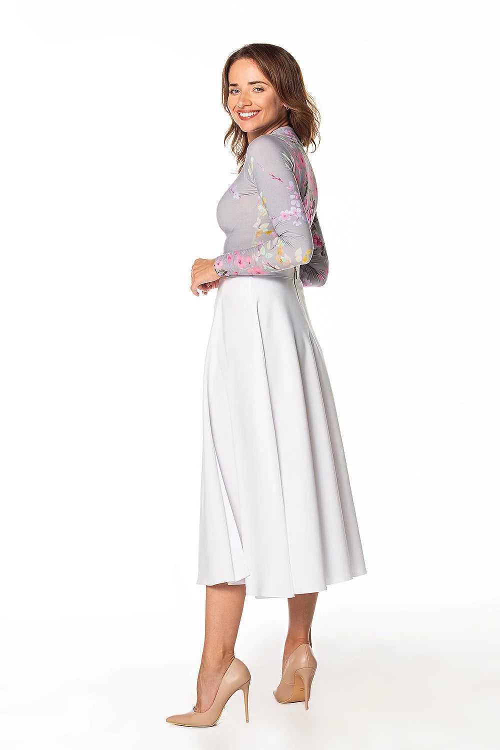 Robe semi-formelle chic à haut floral manches longues jupe midi blanche fente avant taille haute femme