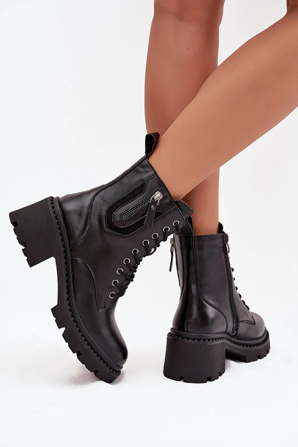 bottines femme Vinceza cuir naturel noir montantes style combat talon bloc 6cm semelle crantée épaisse laçage œillets zip doublure fourrure