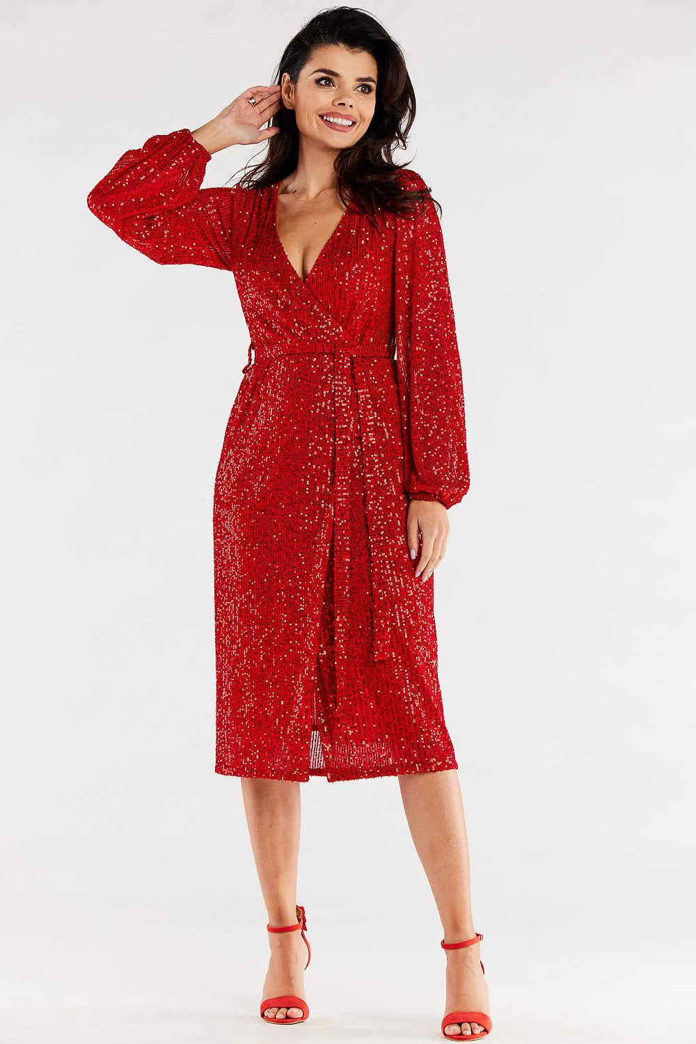 Robe de soirée élégante longueur midi manches longues paillettes rouge vif ceinture intégrée ajustable femme