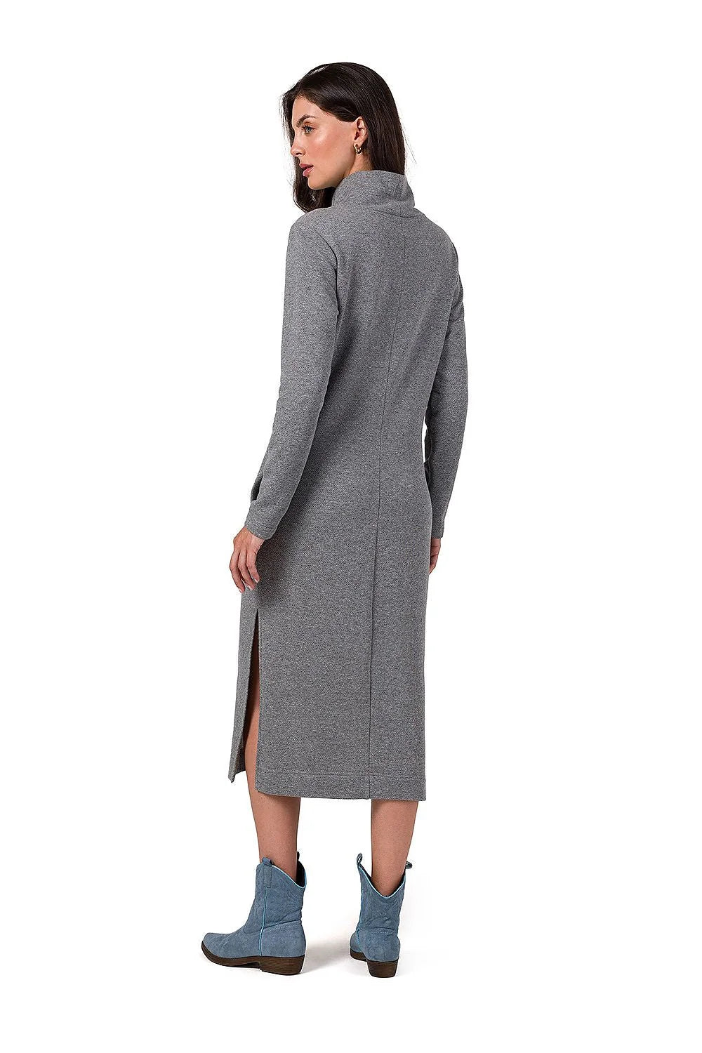 Robe Be Wear en maille grise longueur midi manches longues col roulé poches latérales fente latérale femme élégance confort