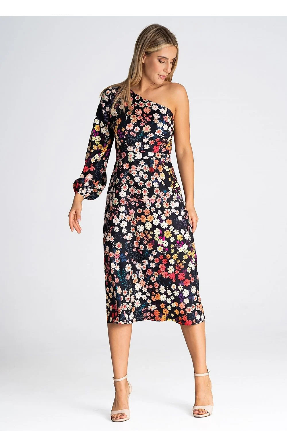 Robe cocktail asymétrique une épaule imprimé floral multicolore femme taille ajustée polyester elasthanne soirée élégance