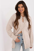 Cardigan femme style décontracté maille torsadée beige longue manches amples coudes côtelés boutons ronds
