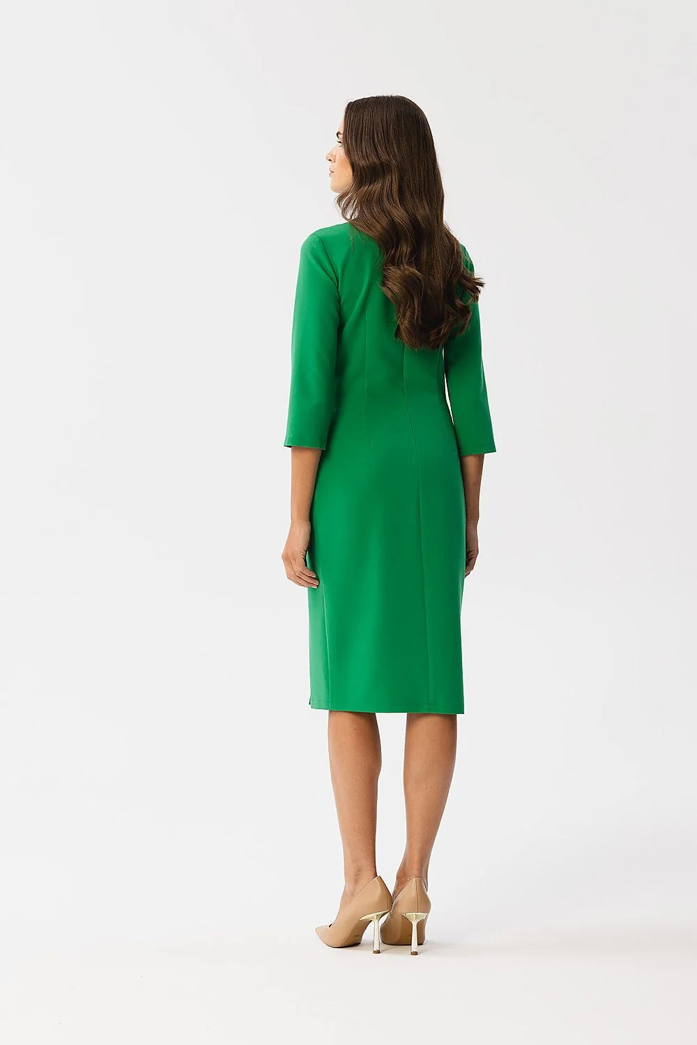 Robe de jour élégante longueur midi manches 3/4 encolure ronde fente devant femme couleur verte
