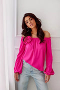 Chemisier Roco Fashion rose vif off-the-shoulder manches longues épaules dénudées tissu satiné fleur en tissu femme
