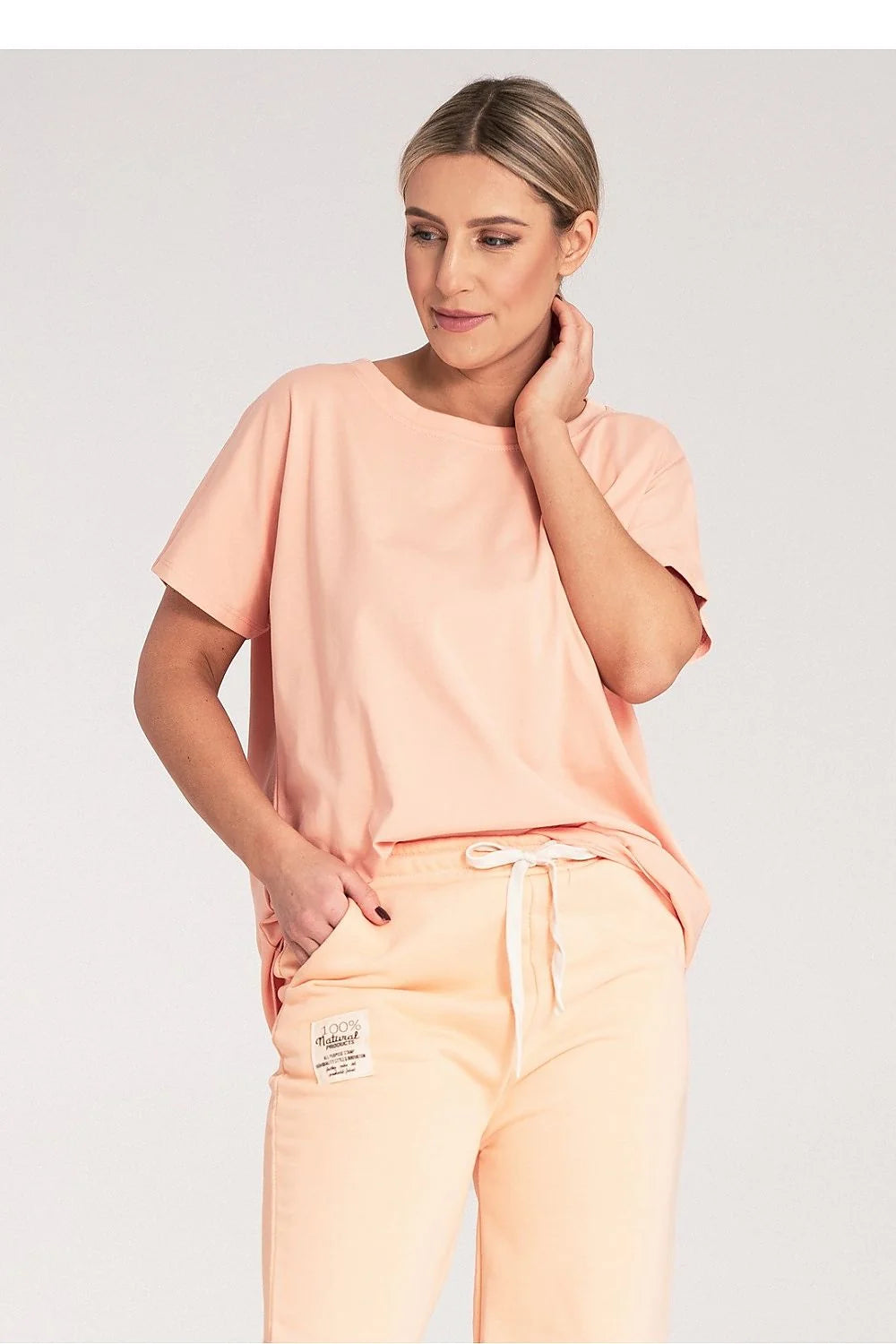 T-shirt femme ample manches courtes col rond coton élasthanne rose pêche