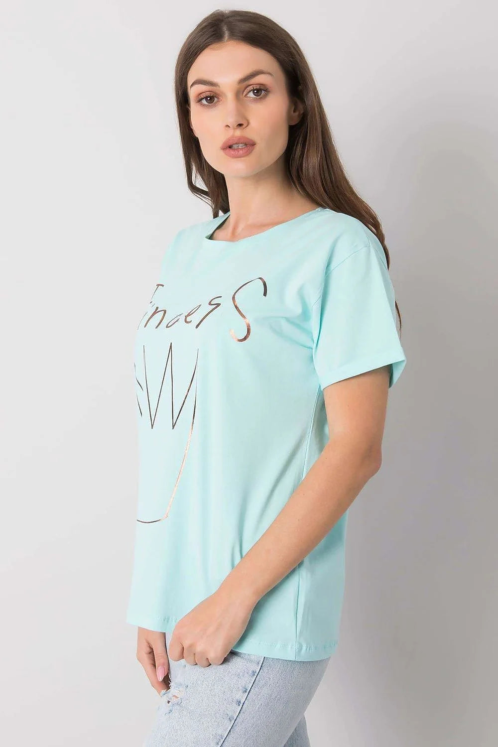 T-shirt Fancy pour femme, style décontracté, coupe ample, manches courtes, encolure ronde, impression graphique Princess, coton 95% lycra 5%, bleu clair, finitions épurées, mode Casual