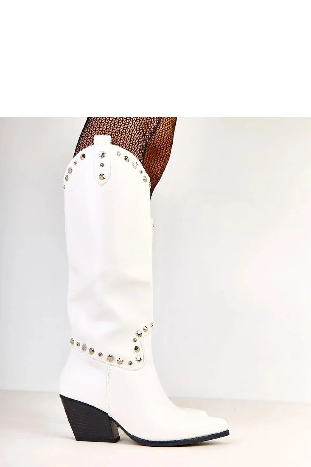 bottes femme western cowgirl tige35cm hauteur genou similicuir blanc lisse boutpointu talon cubain 7cm clous argentés étoiles confortables