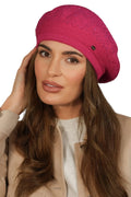 béret femme maille tricotée fuchsia coupe ample ajustée bord côtelé maintien confortable doublure polaire framboise paillettes discrètes métallique chic hiver