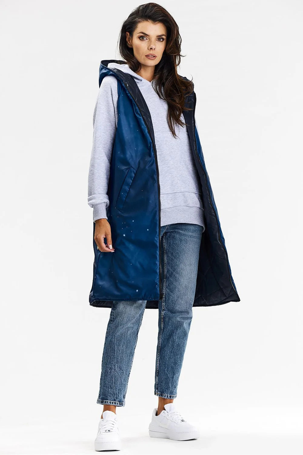 Gilet long sans manches pour femmes, à capuche, double face, polyester 100%, style moderne, fonctionnel, occasions multiples