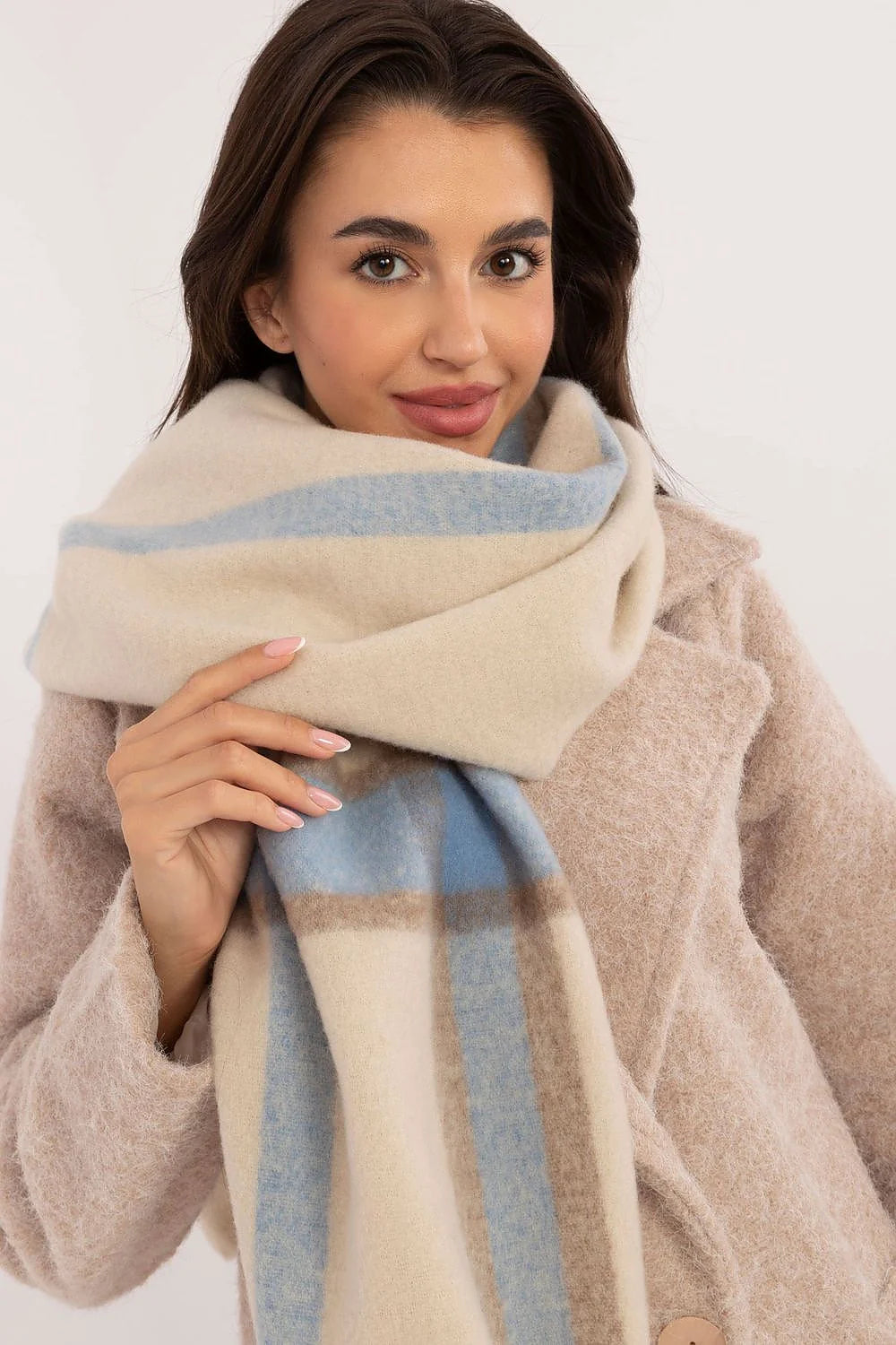 Châle écharpe hiver élégant pour femme en polyester motif rayures verticales franges beige bleu taupe