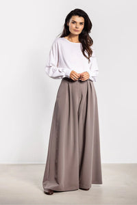 pantalon femme palazzo taille haute jambe large longueur sol tissu fluide taupe tombé drapé plis plats poches latérales élégant polyvalent