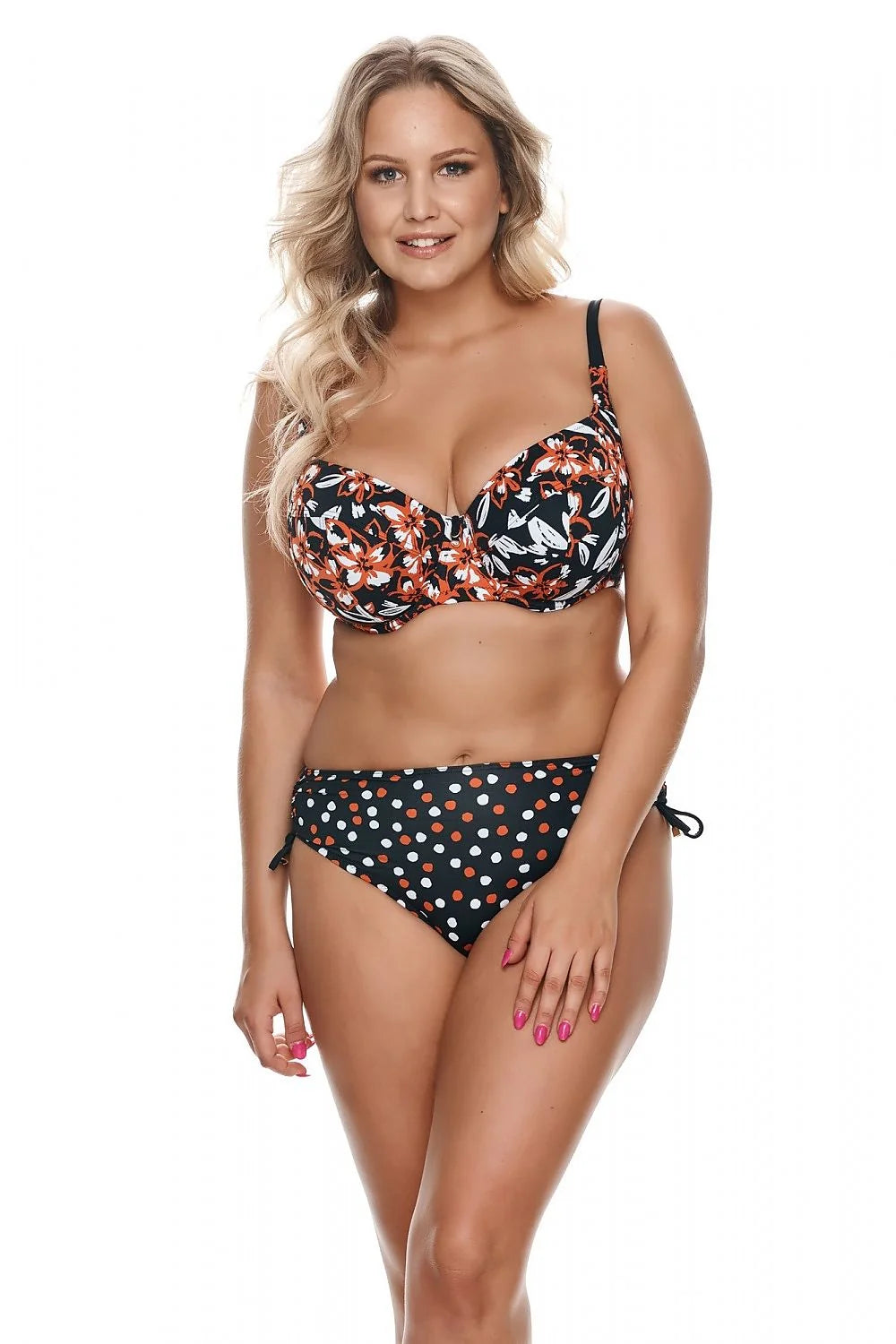 Maillot de bain deux pièces femme design floral motif pois orange blanc noir soutien-gorge nageur armatures bretelles ajustables