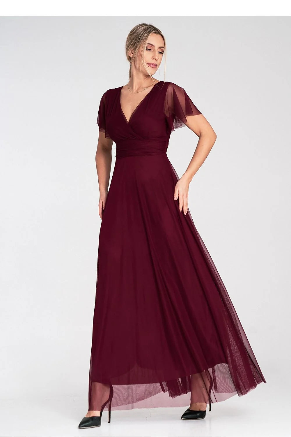 Robe longue élégante en tulle bordeaux manches courtes en V dos nu soirée été hiver femme