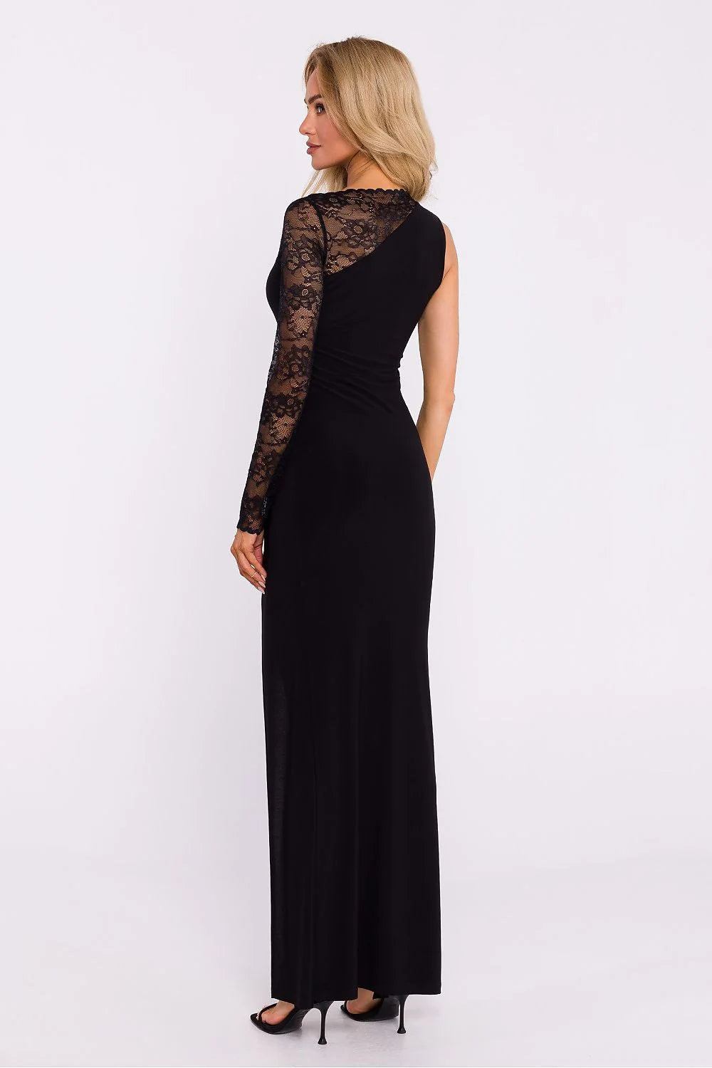 Robe de soirée élégante longue manches longues dos nu dentelle noire taille ajustable femme
