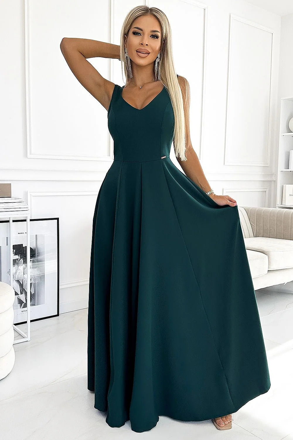 Robe longue élégante vert foncé encolure en V bretelles épaisses polyester 95% elasthanne 5% femme taille ajustable occasion spéciale