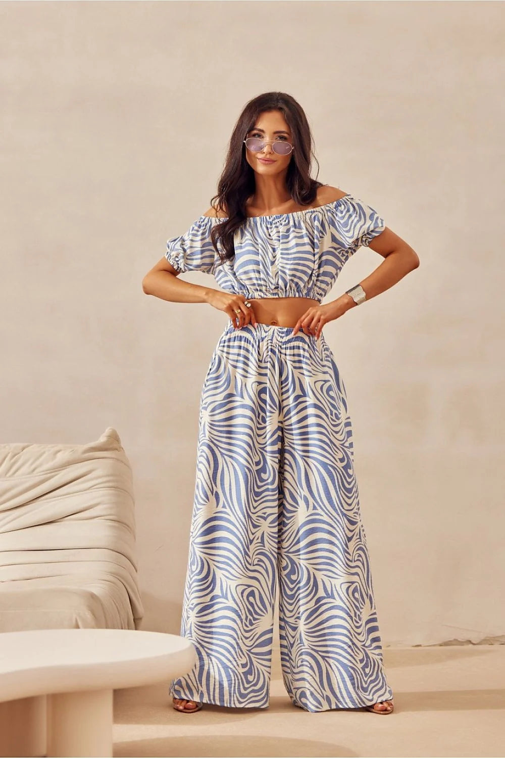 Ensemble femme crop top pantalon large zébré bleu blanc tunique fluide été高 waist高 taille ajustable