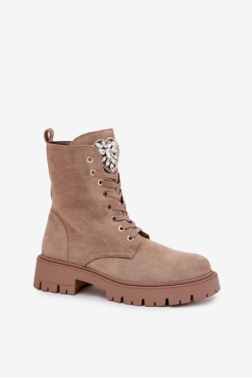 bottine suédine écologique taupe montante lacée zippée cœur strass œillets dorés semelle plateforme crantée caoutchouc bout rond urbain chic