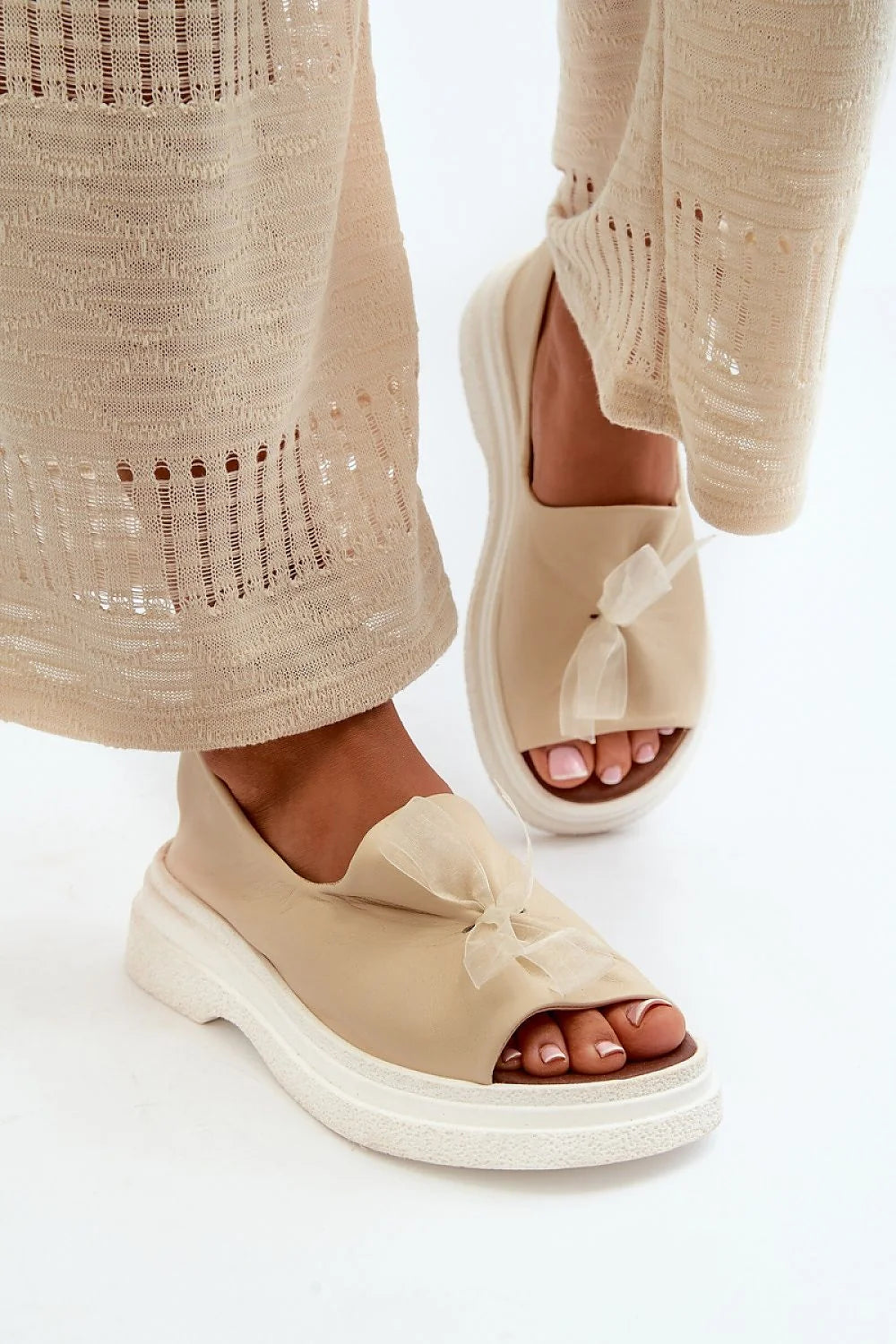 Sandales pour femmes ouvertes style moderne cuir naturel tulle beige élégance été confort plateforme 3cm