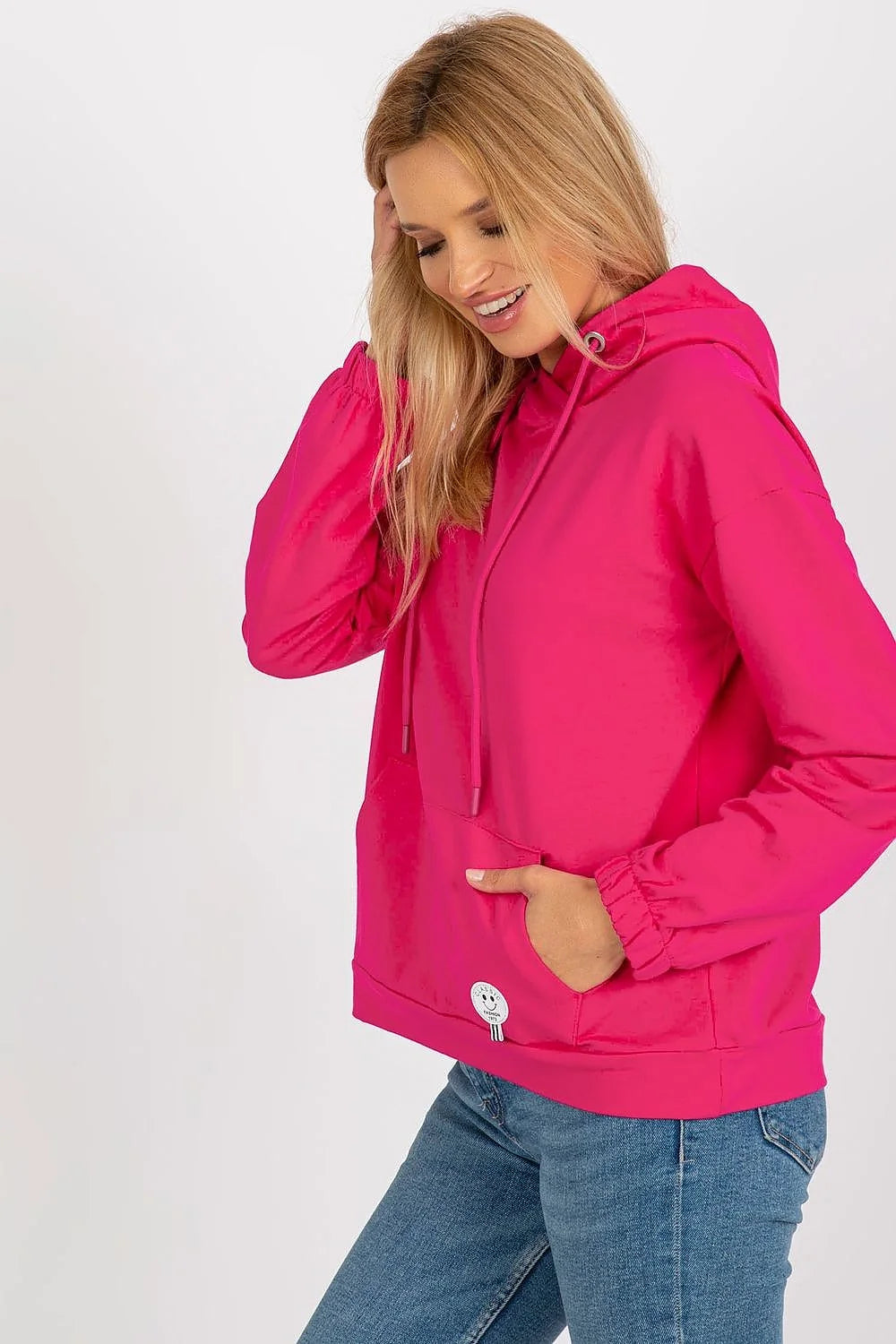 Sweat à capuche pour femmes design moderne couleur rose vif coton doux coupe ample manches longues poche kangourou logo souriant