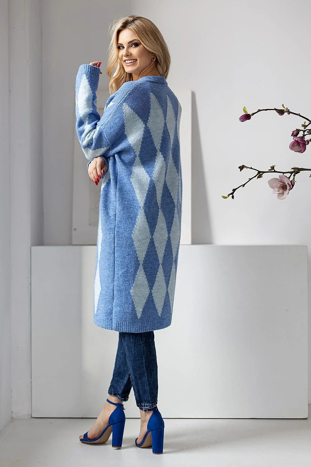 Cardigan Pee Ka Boo long ample motif géométrique bleu doux manches longues ouvert devant femme mode intemporel