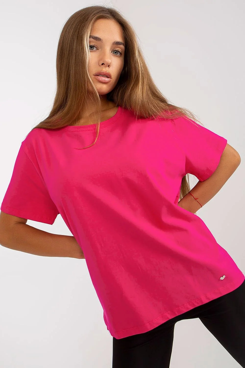 T-shirt femme court manches courtes encolure ronde dos allongé coton elasthanne rose fuchsia logo métallique