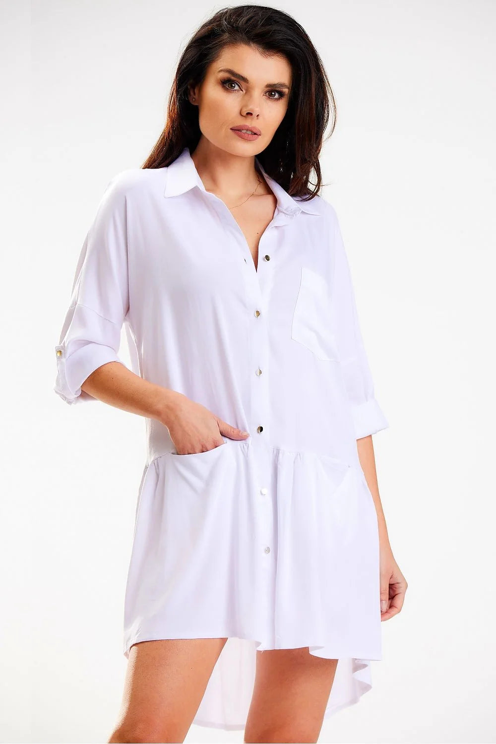 Robe chemise awama Femme Coupe ample Col trapézoïdal Manches longues Boutons dorés Viscose naturelle Pologne
